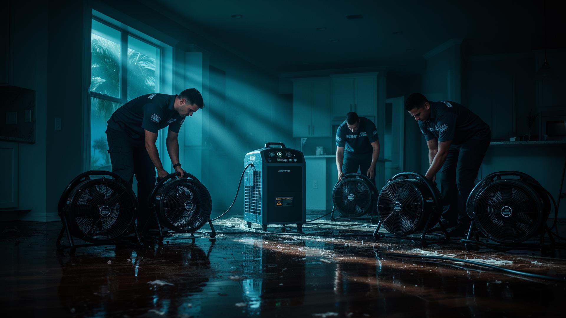 IronBridge Restoration technicians setting up LGR dehumidifiers and air movers in a flooded Central Florida home